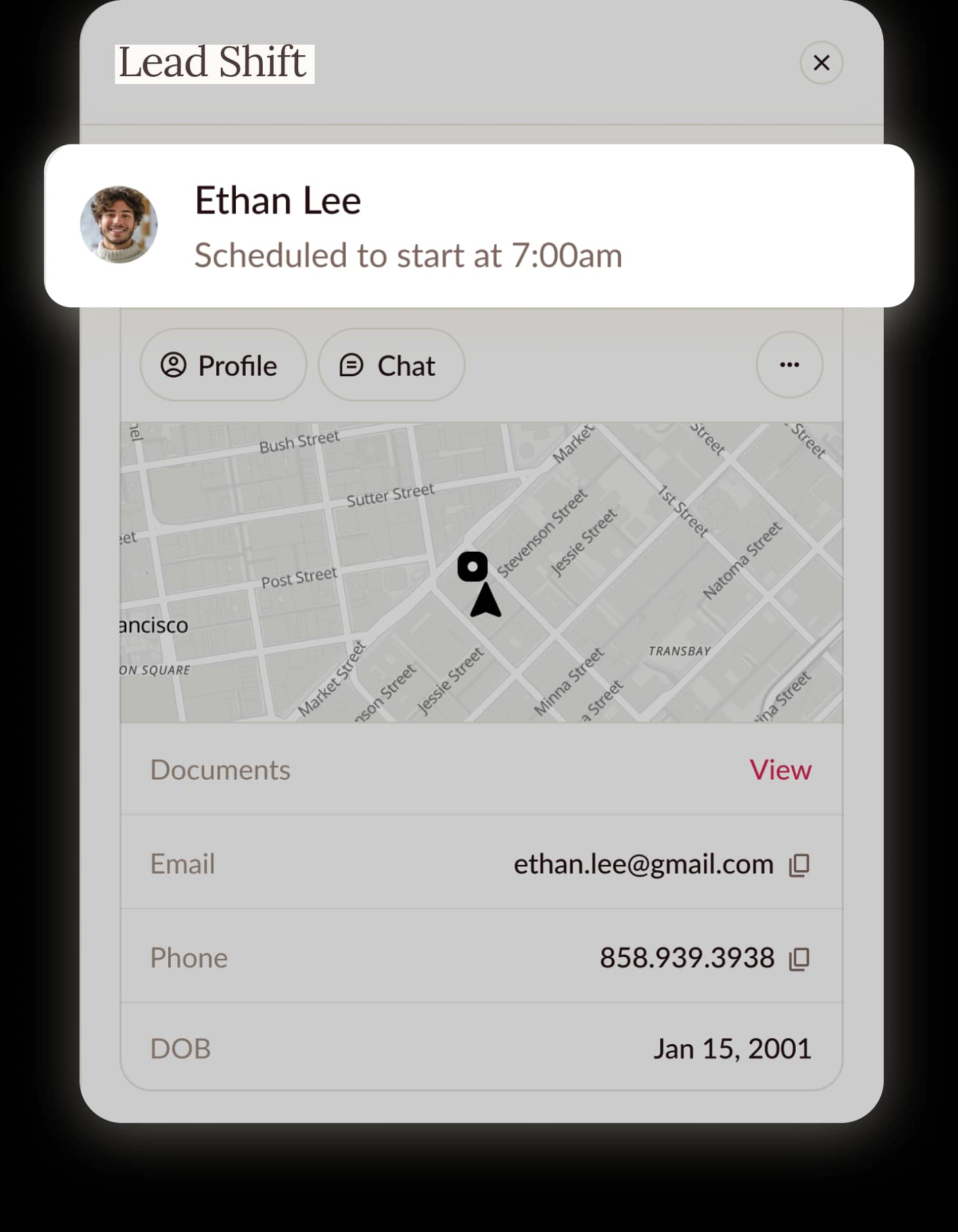 Clipboard app showing a matched worker's profile and details