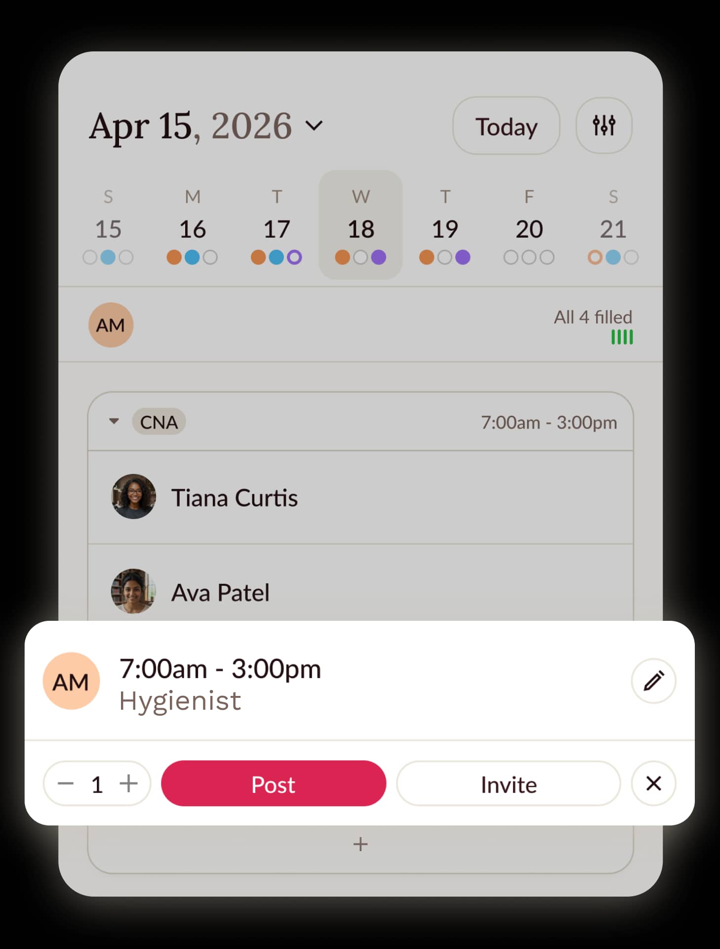 Clipboard app calendar with shifts being scheduled
