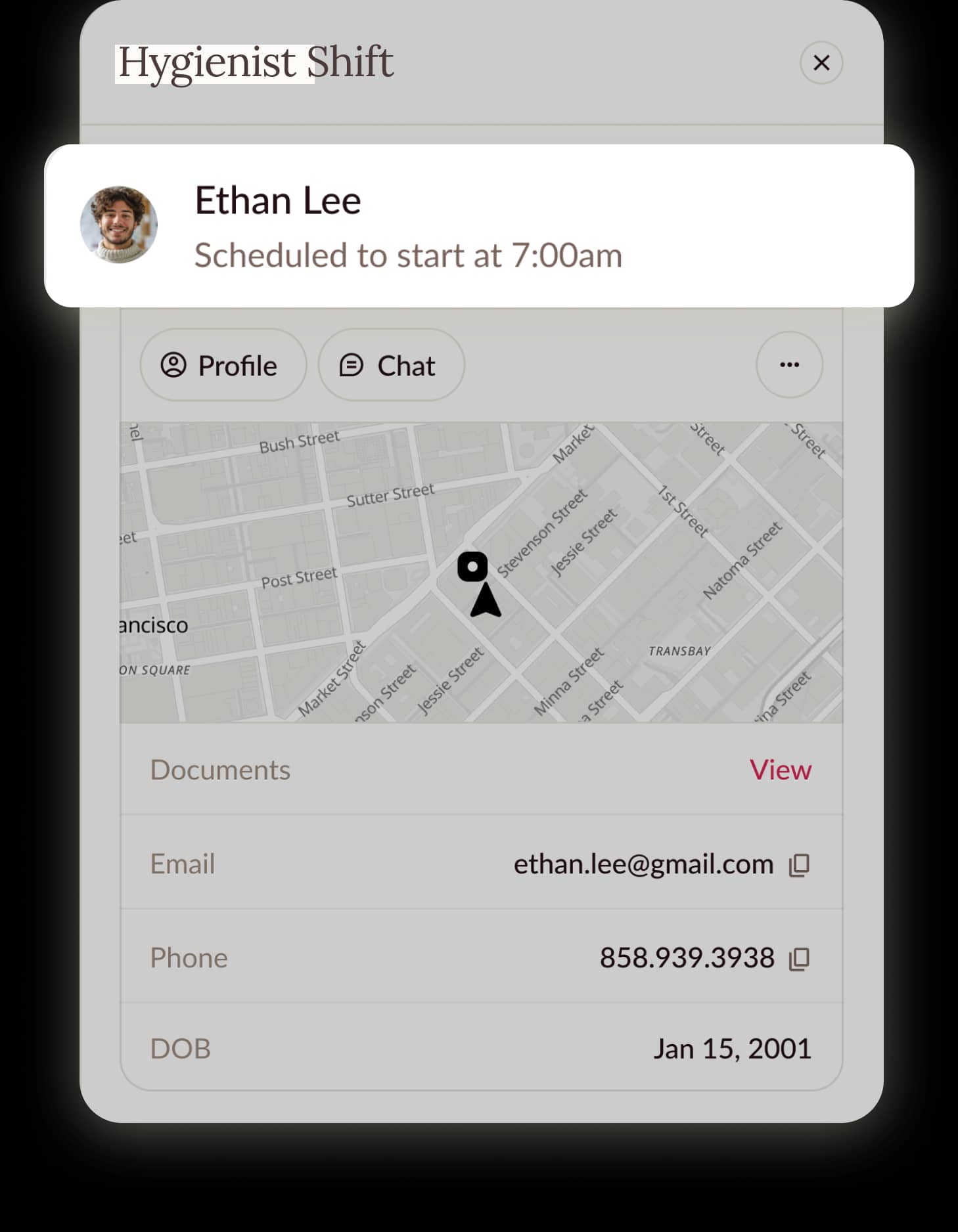 Clipboard app showing a matched worker's profile and details