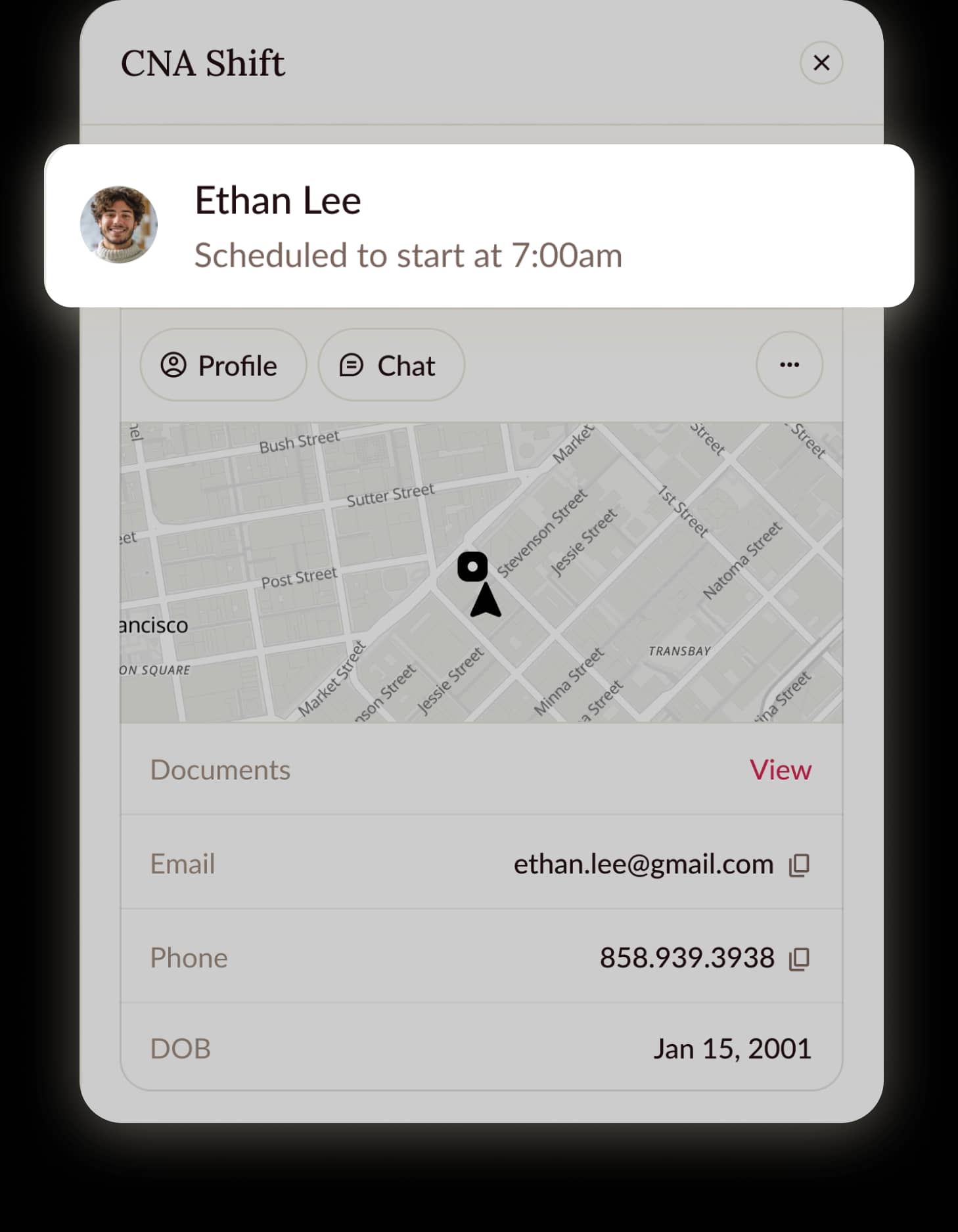 Clipboard app showing a matched worker's profile and details